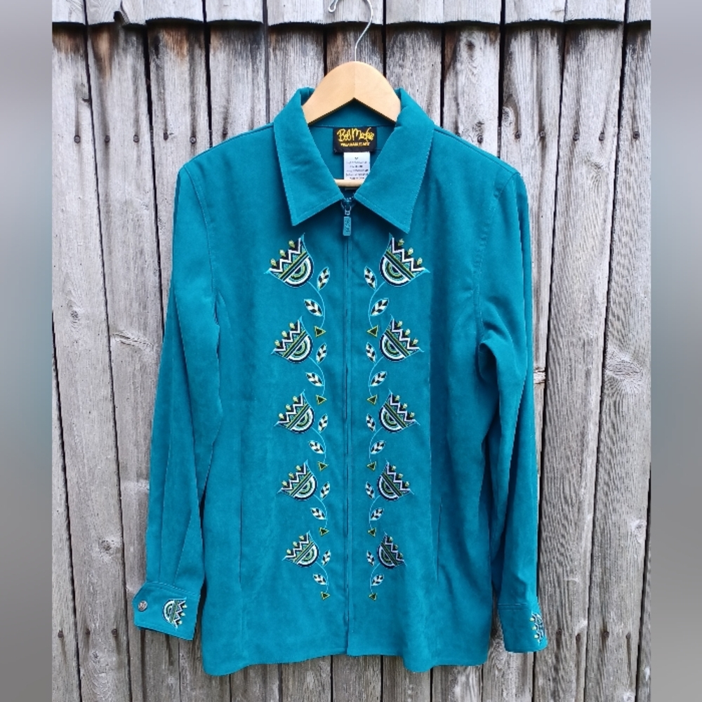 Vintage Bob Mackie Wearable Art teal blue Aztec embroidered jacket Womens M